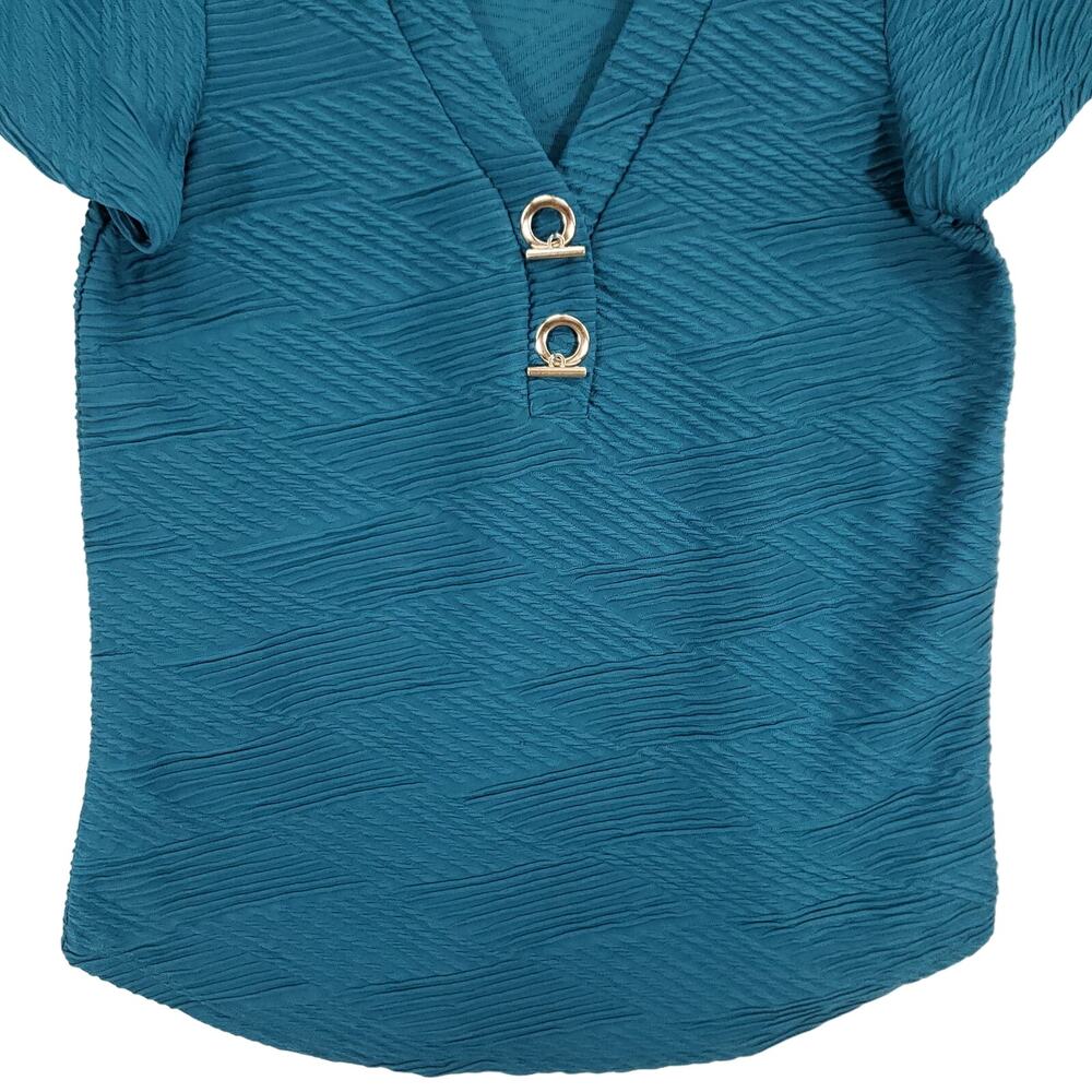 89th & Madison Blouse Womens Small Teal Short Sleeve Accented V Neck Chic Top - Picture 4 of 11